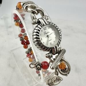 Royalton Women’s Silver Charm Bracelet Watch, Red & Orange Beads - New Battery
